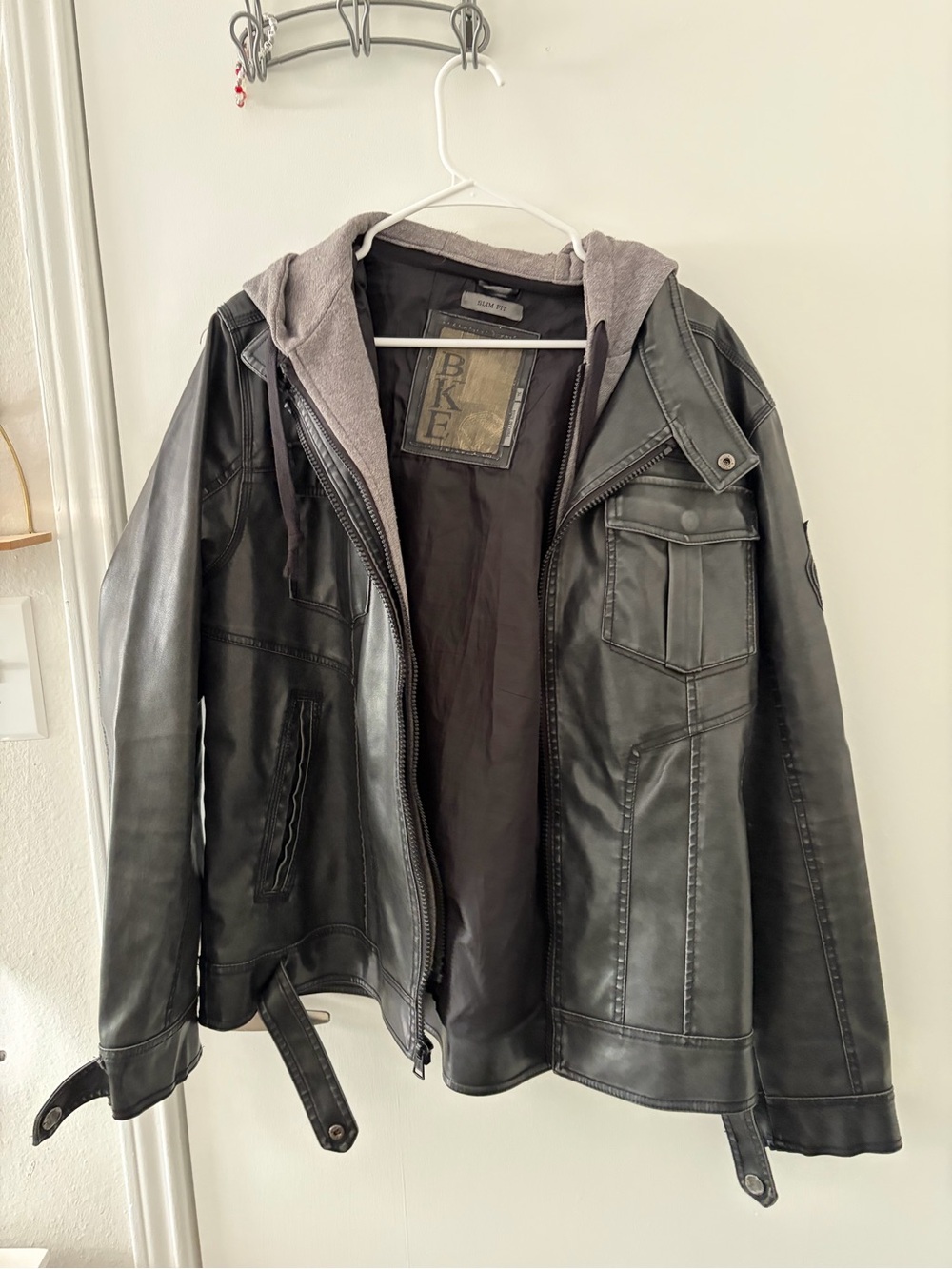BKE Black Faux Leather Bomber Jacket with Gray Hood